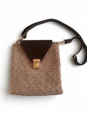 Neutral Beige Woven Crossbody Bag with Dark Brown Flap